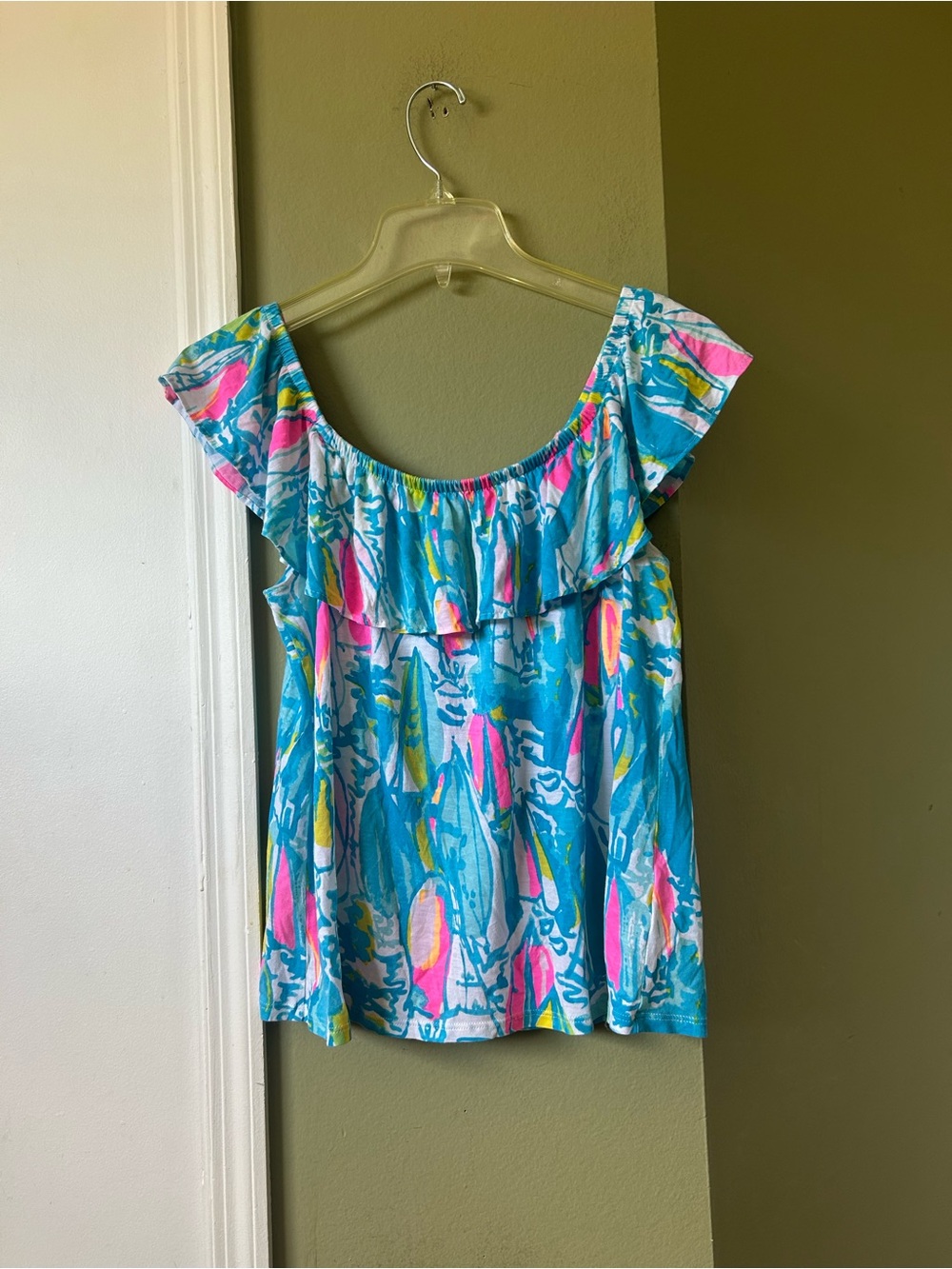 Lilly Pulitzer Blue Floral Ruffle Tank with Pink and Yellow